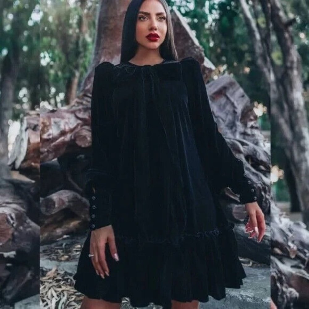 The Vampire's Wife x H&M Black Velvet Dress w Neck Bow XS Long Sleeve Mini